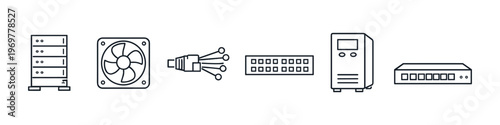 Collection of computer hardware components and network devices in line art style