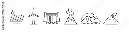 Diverse renewable energy sources illustrated with simple line art icons