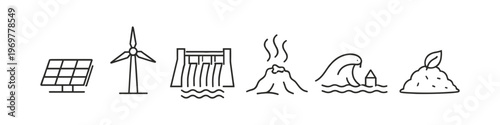 Collection of icons representing renewable energy and natural disasters