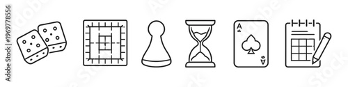 Collection of game icons including dice, board, pawn, hourglass, card, and calendar