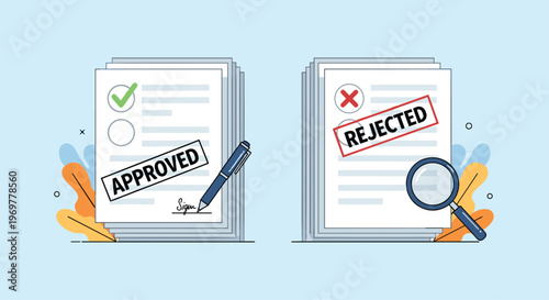 Comparative view of two stacks of documents representing approved and rejected applications in a professional business review process.