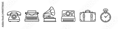 Collection of vintage technology icons: telephone, typewriter, gramophone, camera, suitcase, and watch