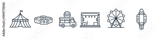 Collection of amusement park and festival icons including tent, wristband, food truck, and Ferris wheel