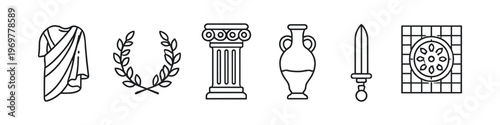 Ancient Greek and Roman symbols including toga, laurel wreath, column, amphora, sword, and mosaic