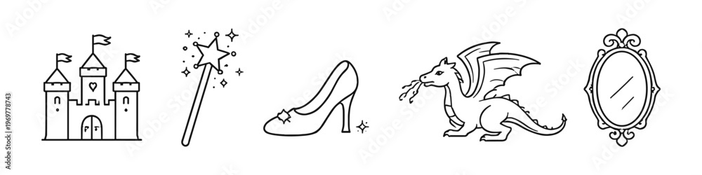 Fototapeta premium Fairy tale icons including a castle, magic wand, glass slipper, dragon, and ornate mirror