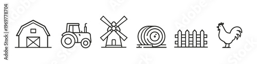 Collection of farm icons including barn, tractor, windmill, hay bale, fence, and rooster