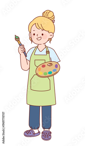 Cheerful Girl Artist Holding a Paintbrush and Palette 그림을 그리는 소녀