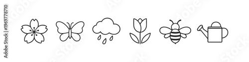 Spring icons: cherry blossom, butterfly, rain cloud, tulip, bee, and watering can