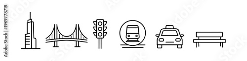 Collection of urban icons representing city life and transportation elements