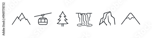 Collection of simple line art icons representing nature and mountain activities