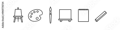 Collection of simple line art icons representing art supplies for creative projects