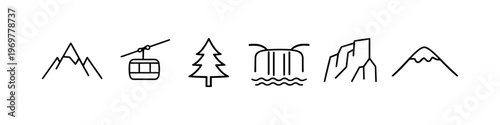 Collection of simple line icons representing mountains, ski lift, tree, and waterfall
