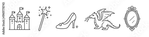 Fairy tale icons including a castle, magic wand, glass slipper, dragon, and ornate mirror