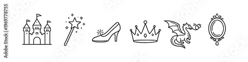 Fairy tale icons: castle, wand, shoe, crown, dragon, and mirror