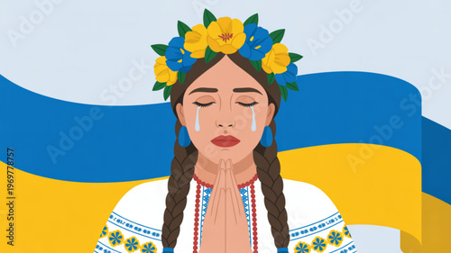 Sad ukrainian woman with traditional floral crown and tears praying in front of ukraine flag background symbolizing sorrow and hope