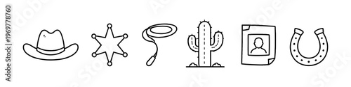 Collection of hand-drawn western icons including cowboy hat, sheriff badge, and cactus