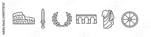 Ancient Roman icons: Colosseum, gladius, laurel wreath, aqueduct, toga, and chariot wheel