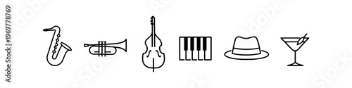 Collection of jazz instruments, hat, and cocktail icons on a white background
