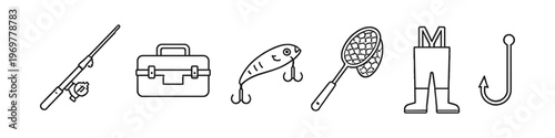 Collection of fishing gear icons including rod, tackle box, lure, net, waders, and hook