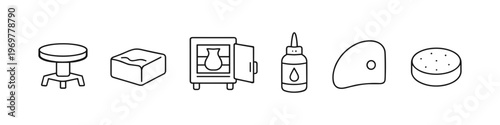 Collection of simple line art icons representing pottery making tools and equipment