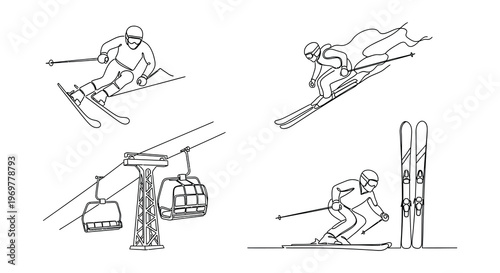 Line art illustration of skiers ski lift and skiing equipment