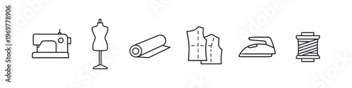 Collection of sewing and tailoring icons including a sewing machine, mannequin, and fabric