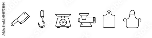 Collection of butcher shop and kitchen tools in a simple line art style