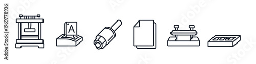Collection of vintage printing and office equipment icons in a clean line art style
