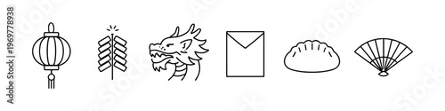 Collection of traditional Chinese New Year icons including dragon, lantern, and firecrackers