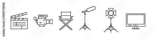 Collection of film production icons including camera, clapperboard, and lighting equipment