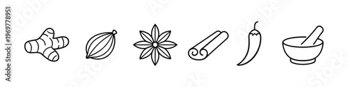 Collection of hand-drawn spices and mortar and pestle icons for culinary use
