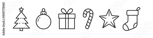 Collection of festive Christmas icons including a tree, ornament, gift, candy cane, star, and stocking