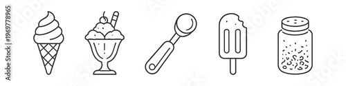 Collection of simple line art icons representing frozen desserts and treats