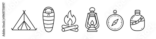 Camping and outdoor adventure icons including tent, sleeping bag, campfire, lantern, compass, and canteen
