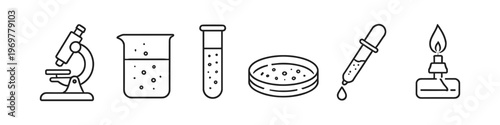 Collection of scientific laboratory equipment icons for research and experiments