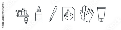 Tattooing equipment icons: machine, ink, stencil, gloves, and cream