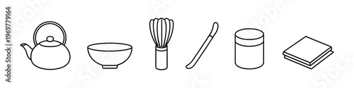 Traditional Japanese matcha tea ceremony tools set in a clean line art style