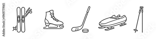 Collection of winter sports equipment icons including skis, skates, hockey stick, and sled