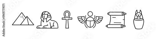 Collection of ancient Egyptian symbols including pyramids, sphinx, ankh, scarab, scroll, and sarcophagus