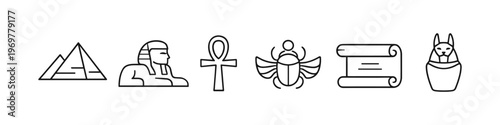 Collection of iconic ancient Egyptian symbols and landmarks in a linear design