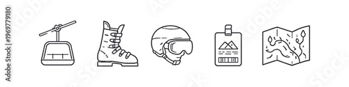 Winter sports equipment icons including ski lift, boot, helmet, pass, and map