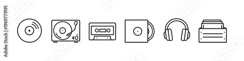 Collection of vintage audio equipment icons including vinyl records and cassette tapes