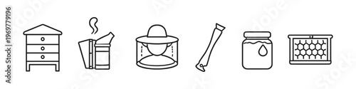 Collection of beekeeping equipment icons including a hive, smoker, suit, and honey jar