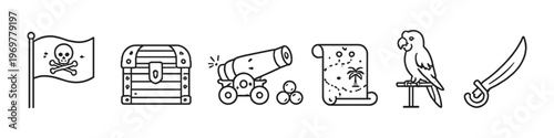 Collection of pirate-themed icons including a flag, treasure chest, cannon, map, parrot, and sword