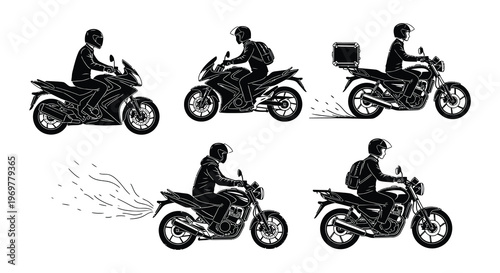 Black and white illustration of various motorcycle riders in motion