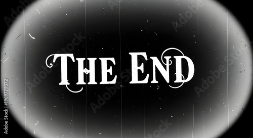 A cinematic film ending title screen with the words the end in a stylized white font on a black background with a gray gradient circle and distressed texture