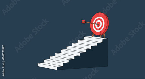 Set of white stairs leading up to a red target board with an arrow in the center representing steps to achieve success and business goals.