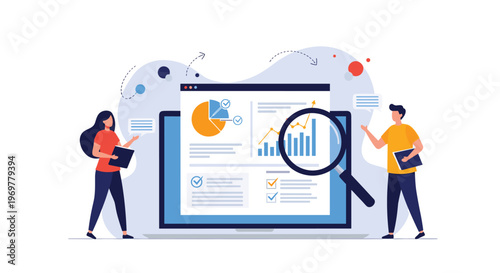 Business analytics and data research concept with people analyzing charts on a laptop screen using a magnifying glass for insights.