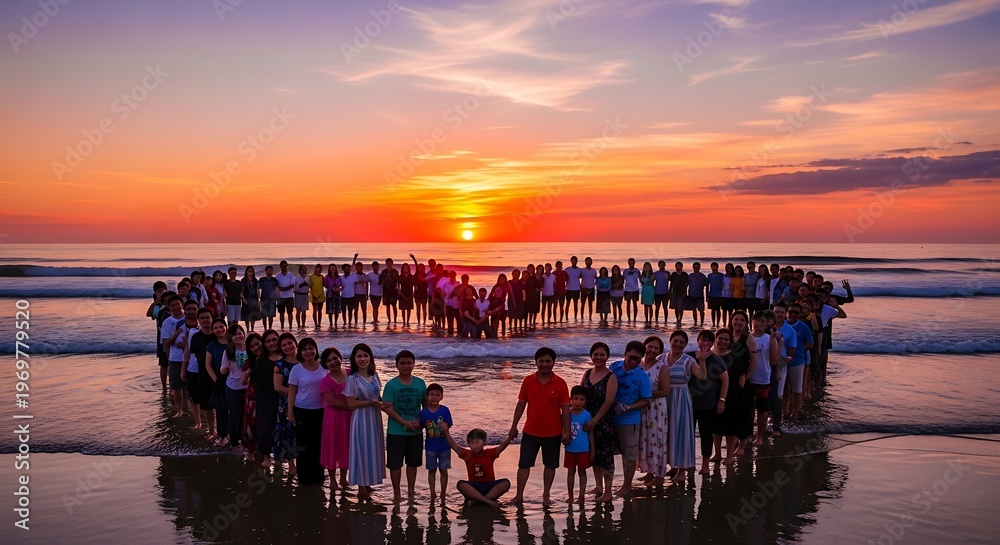 Obraz premium Sunset Beach Circle of People Gathering on Sand.