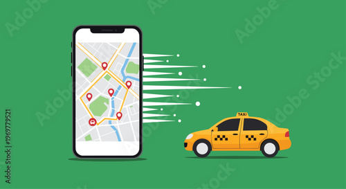 Mobile taxi booking app on a smartphone screen with map navigation and a yellow cab vehicle on a green background for transport.